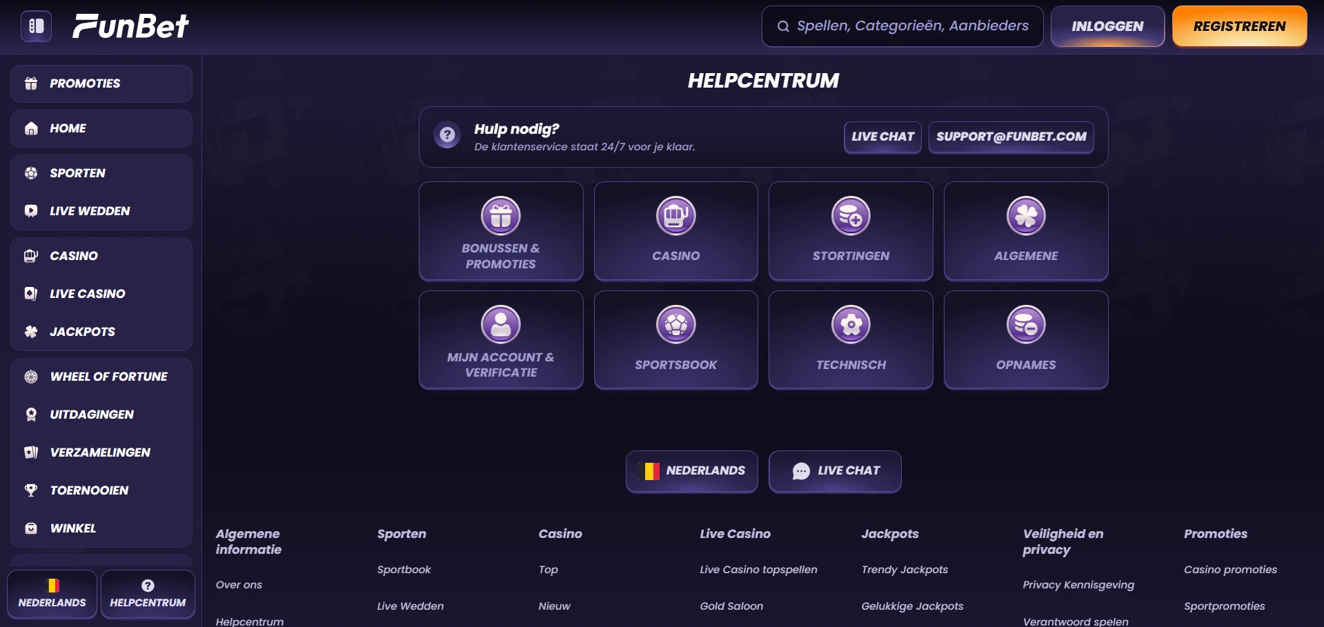 Het contactoverzicht van Funbet Casino met chat en e-mail