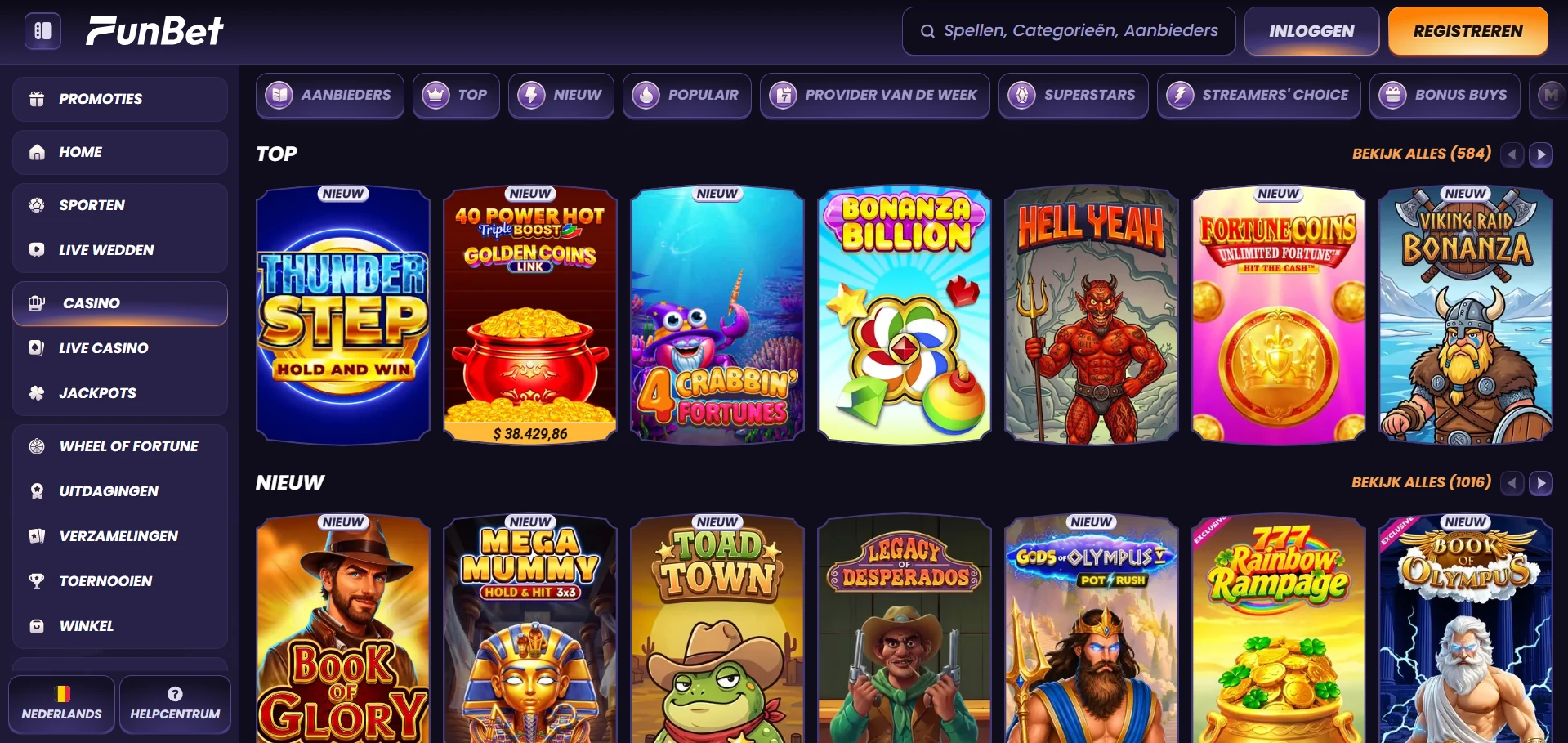 De spellenlobby van Funbet Casino met de categorieën en filters