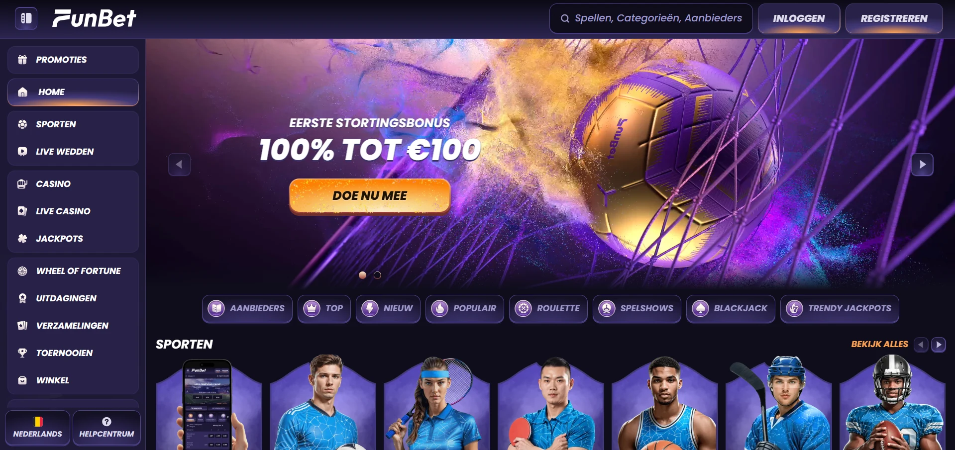 Startpagina van Funbet Casino met de bonusbanner en het spelmenu
